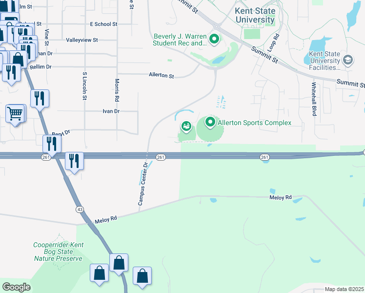 map of restaurants, bars, coffee shops, grocery stores, and more near Ohio 261 in Kent