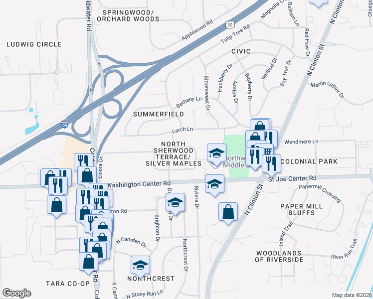map of restaurants, bars, coffee shops, grocery stores, and more near 6102 Dartmouth Drive in Fort Wayne