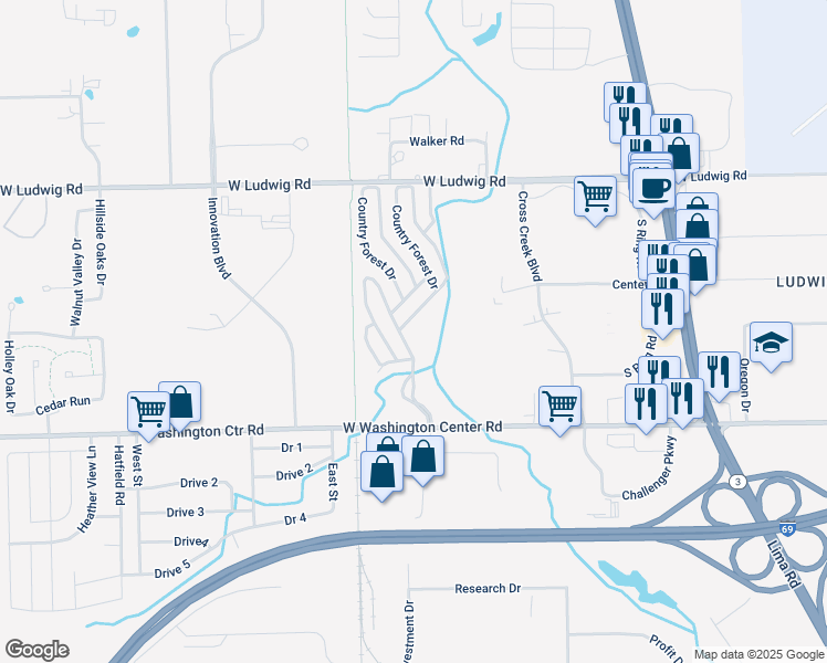 map of restaurants, bars, coffee shops, grocery stores, and more near 61 Country Forest Drive in Fort Wayne
