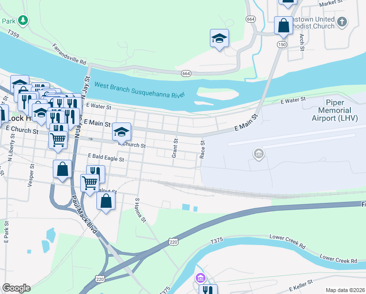 map of restaurants, bars, coffee shops, grocery stores, and more near 740 East Church Street in Lock Haven