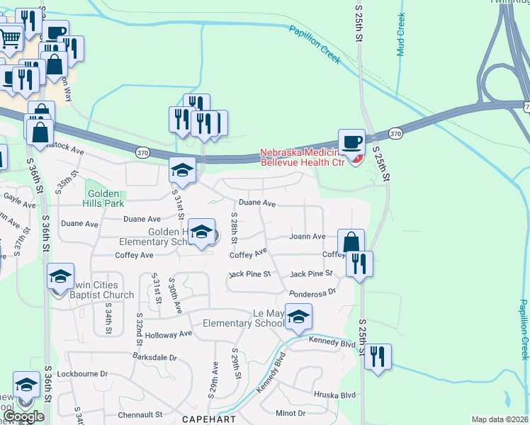 map of restaurants, bars, coffee shops, grocery stores, and more near 11716 South 27th Street in Bellevue