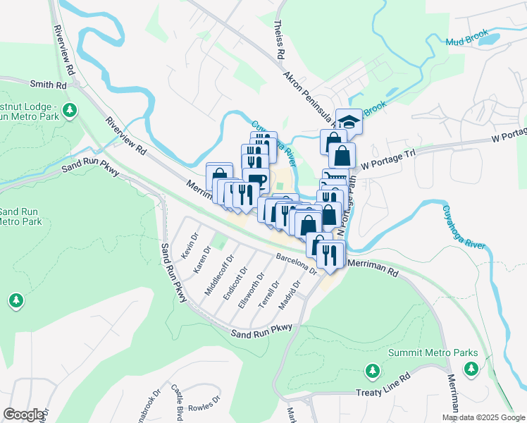 map of restaurants, bars, coffee shops, grocery stores, and more near 1770 Merriman Road in Akron