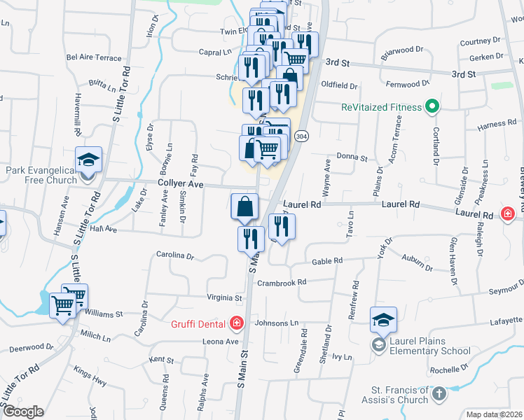 map of restaurants, bars, coffee shops, grocery stores, and more near 350 South Main Street in New City