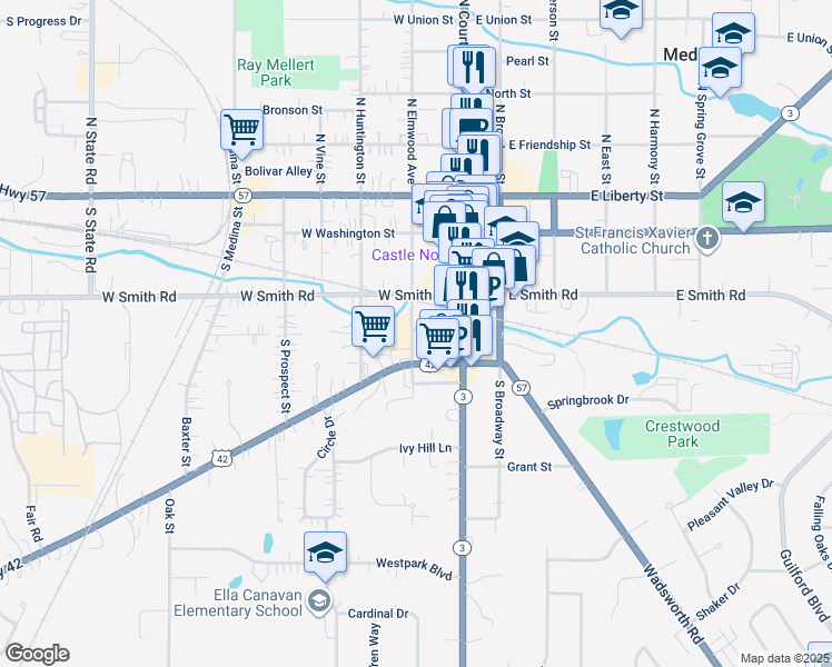 map of restaurants, bars, coffee shops, grocery stores, and more near 109 Lafayette Road in Medina