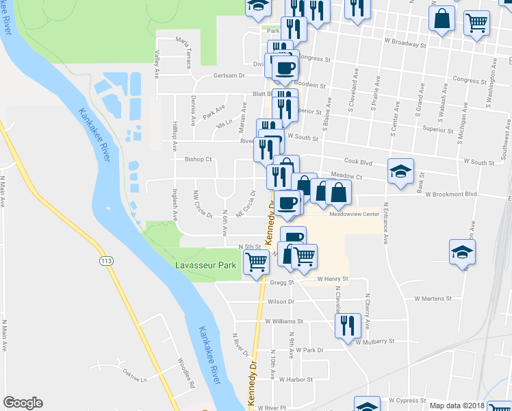 map of restaurants, bars, coffee shops, grocery stores, and more near 1336 Northeast Circle Drive in Kankakee