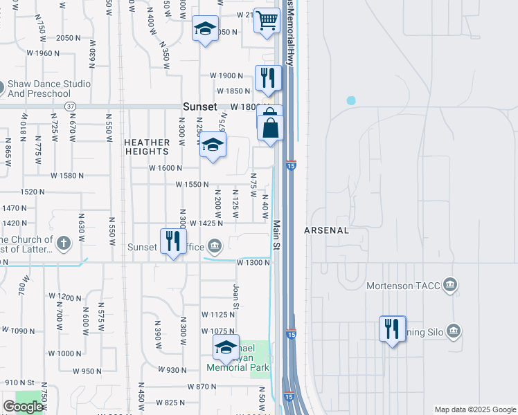 map of restaurants, bars, coffee shops, grocery stores, and more near 1478 North 75 West in Sunset