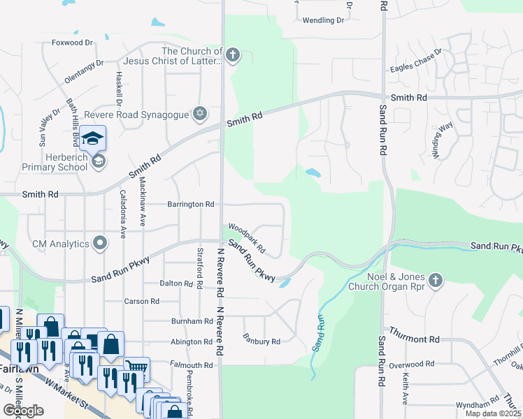 map of restaurants, bars, coffee shops, grocery stores, and more near 2371 Averill Drive in Fairlawn