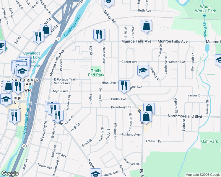 map of restaurants, bars, coffee shops, grocery stores, and more near 926 Myrtle Avenue in Cuyahoga Falls