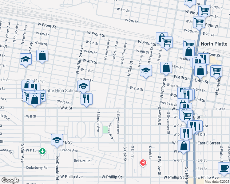 map of restaurants, bars, coffee shops, grocery stores, and more near 901 West 1st Street in North Platte