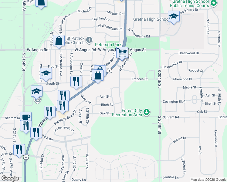 map of restaurants, bars, coffee shops, grocery stores, and more near 11702 Willow Park Drive in Gretna