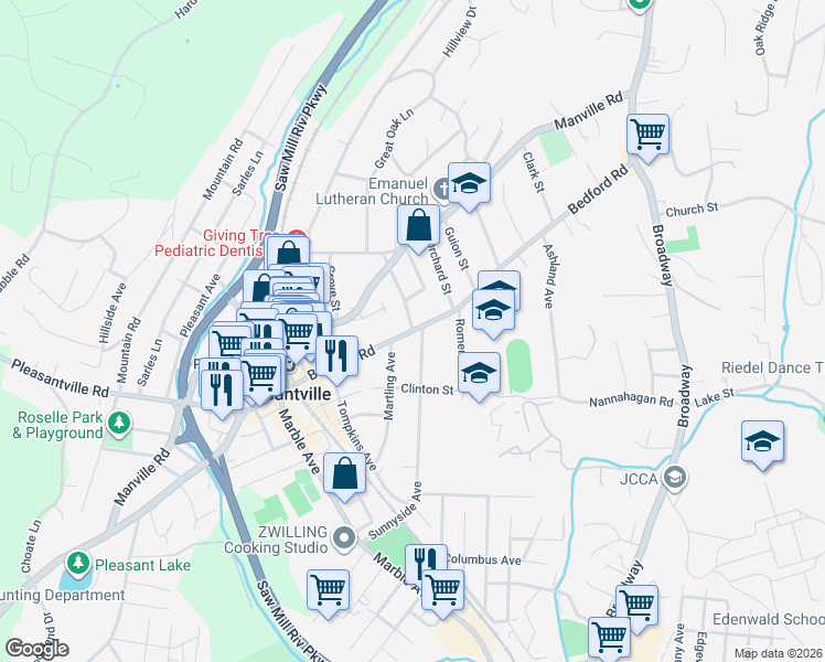map of restaurants, bars, coffee shops, grocery stores, and more near Bedford Road in Pleasantville