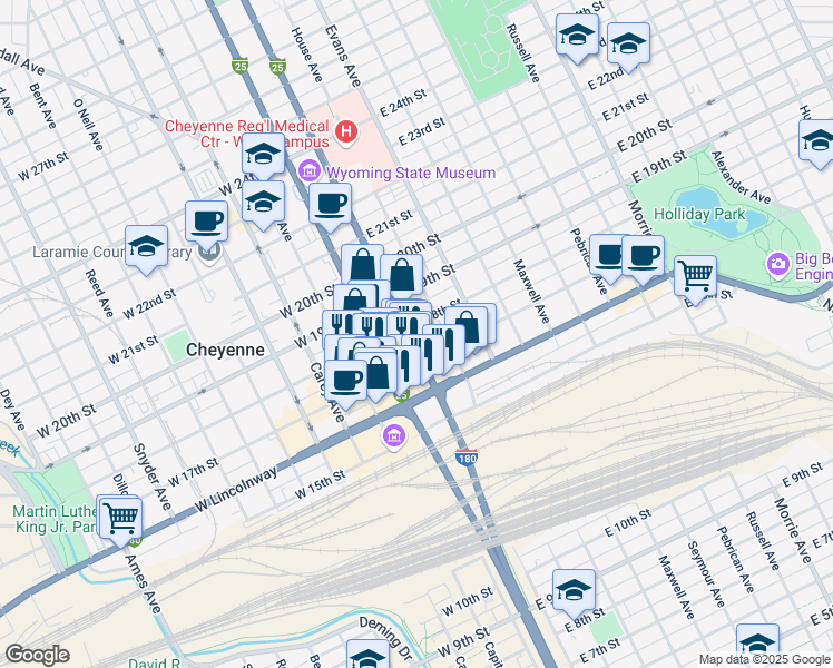 map of restaurants, bars, coffee shops, grocery stores, and more near 118 East 17th Street in Cheyenne