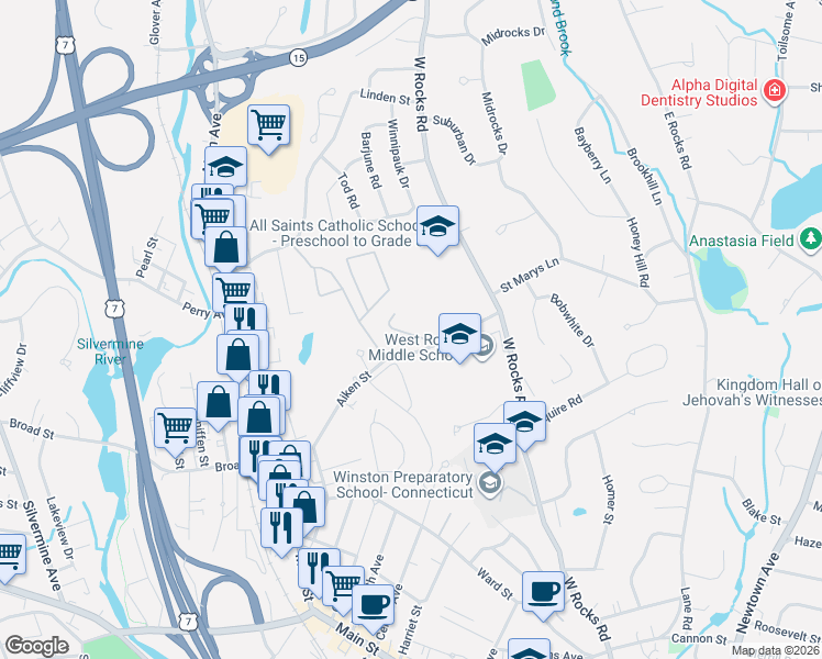 map of restaurants, bars, coffee shops, grocery stores, and more near 233 Sunrise Hill Lane in Norwalk