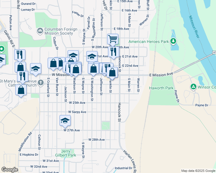 map of restaurants, bars, coffee shops, grocery stores, and more near 2311 Franklin Street in Bellevue