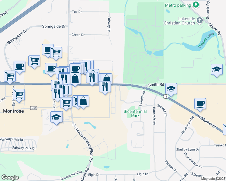 map of restaurants, bars, coffee shops, grocery stores, and more near 3640 West Market Street in Fairlawn