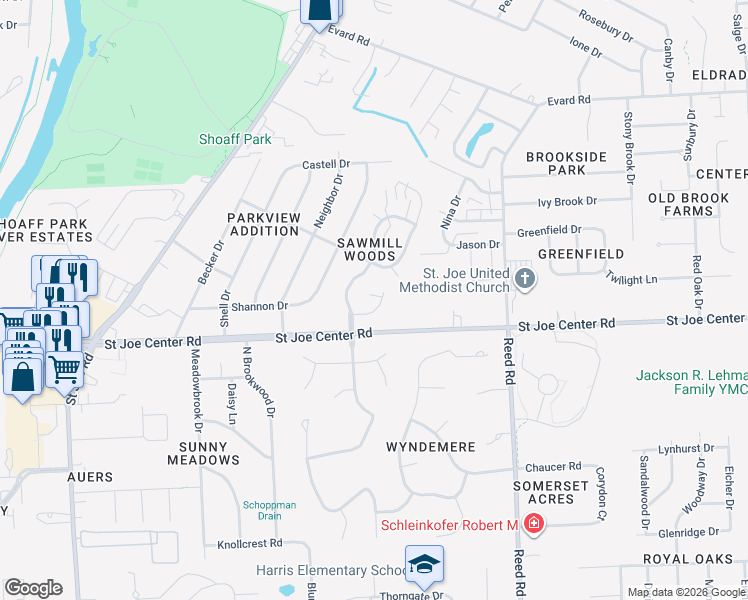 map of restaurants, bars, coffee shops, grocery stores, and more near 5918 Sawmill Woods Court in Fort Wayne