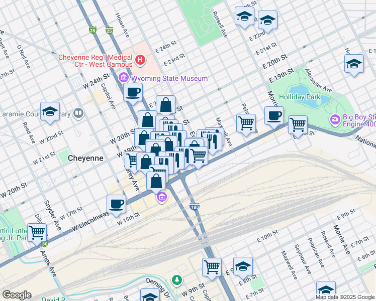 map of restaurants, bars, coffee shops, grocery stores, and more near 300 East 17th Street in Cheyenne