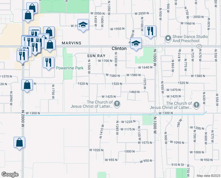map of restaurants, bars, coffee shops, grocery stores, and more near 1479 North 1320 West in Clinton
