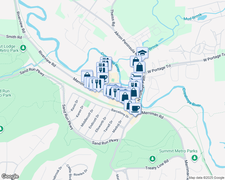 map of restaurants, bars, coffee shops, grocery stores, and more near 1730 Merriman Road in Akron