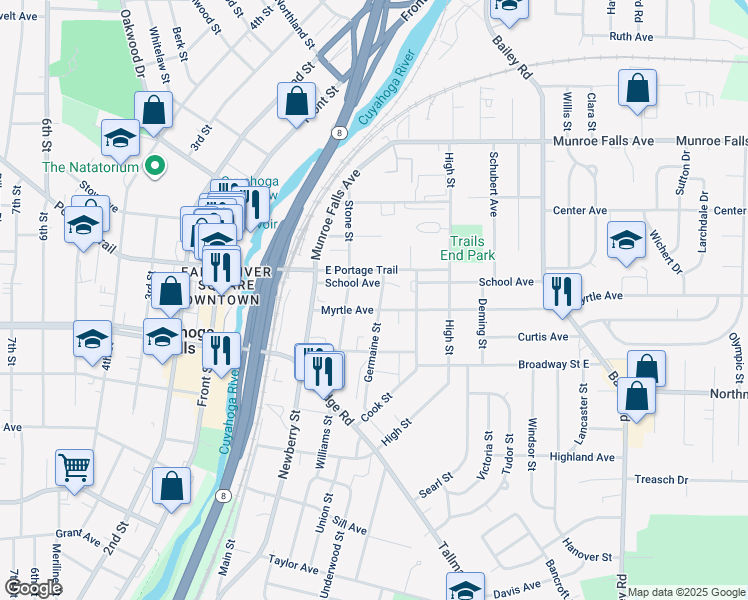 map of restaurants, bars, coffee shops, grocery stores, and more near 2074 Germaine Street in Cuyahoga Falls