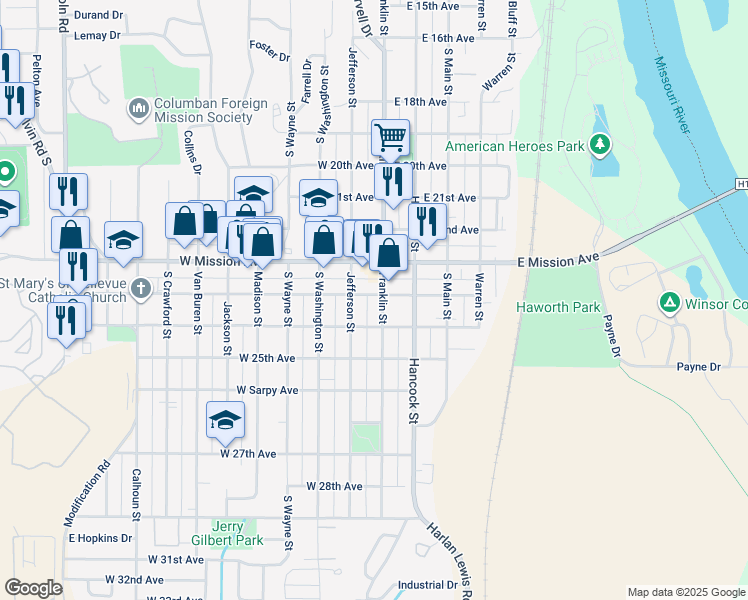 map of restaurants, bars, coffee shops, grocery stores, and more near 2237 Franklin Street in Bellevue