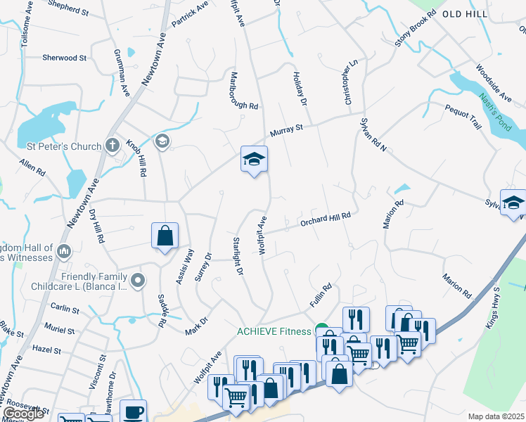 map of restaurants, bars, coffee shops, grocery stores, and more near 1 Starlight Drive in Norwalk