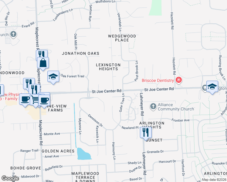 map of restaurants, bars, coffee shops, grocery stores, and more near 5900 Revere Place in Fort Wayne
