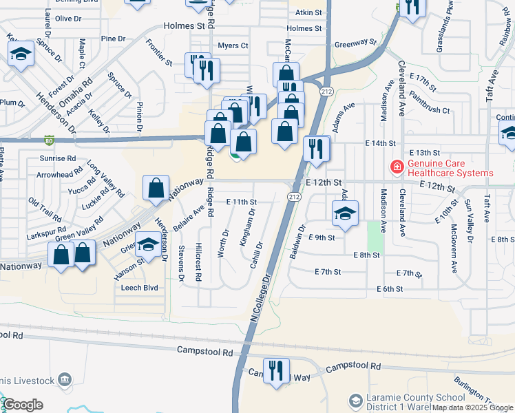 map of restaurants, bars, coffee shops, grocery stores, and more near 1100-1198 Kingham Drive in Cheyenne