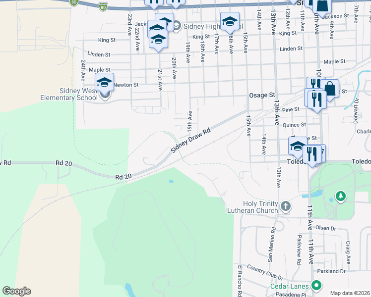 map of restaurants, bars, coffee shops, grocery stores, and more near 2024 Sidney Draw Road in Sidney