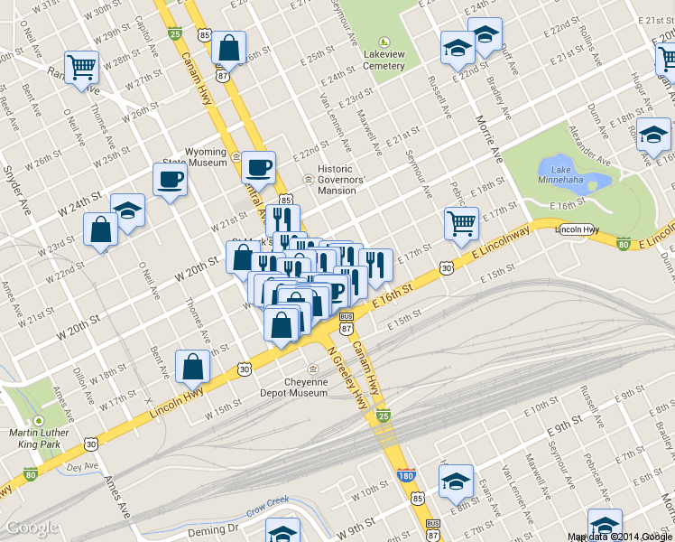 map of restaurants, bars, coffee shops, grocery stores, and more near 211 East 19th Street in Cheyenne