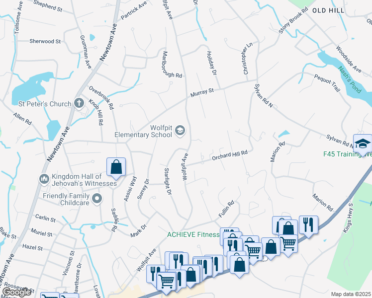 map of restaurants, bars, coffee shops, grocery stores, and more near 1 Starlight Drive in Norwalk