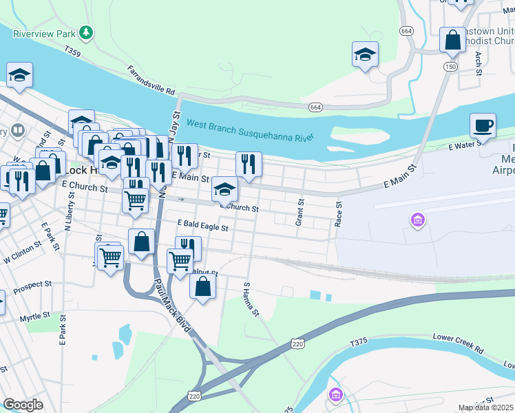 map of restaurants, bars, coffee shops, grocery stores, and more near 610 Pennsylvania 150 in Lock Haven