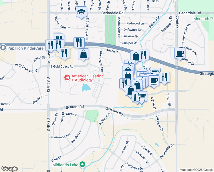 map of restaurants, bars, coffee shops, grocery stores, and more near 1523 Grandview Avenue in Papillion
