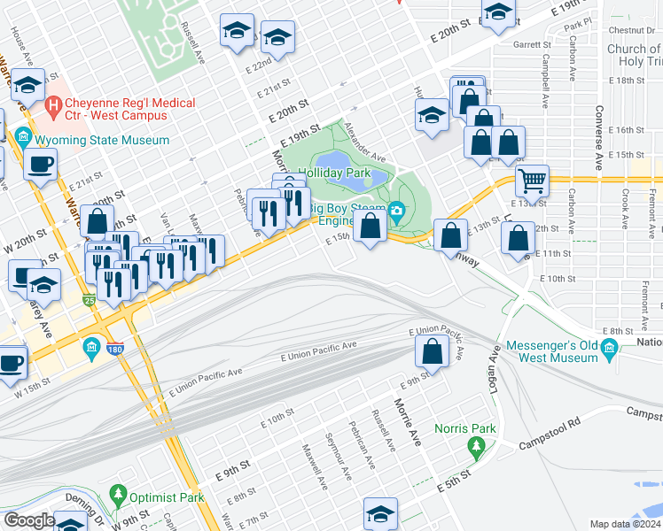 map of restaurants, bars, coffee shops, grocery stores, and more near 1416 Morrie Avenue in Cheyenne