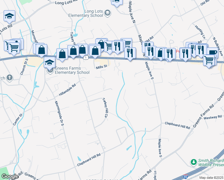 map of restaurants, bars, coffee shops, grocery stores, and more near 99 Flower Farm Lane in Westport