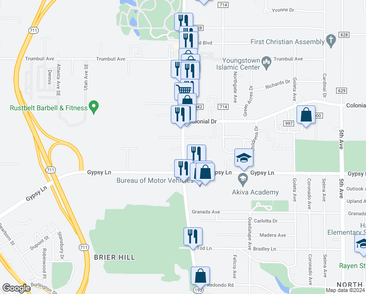 map of restaurants, bars, coffee shops, grocery stores, and more near 2904 Belmont Ave in Youngstown