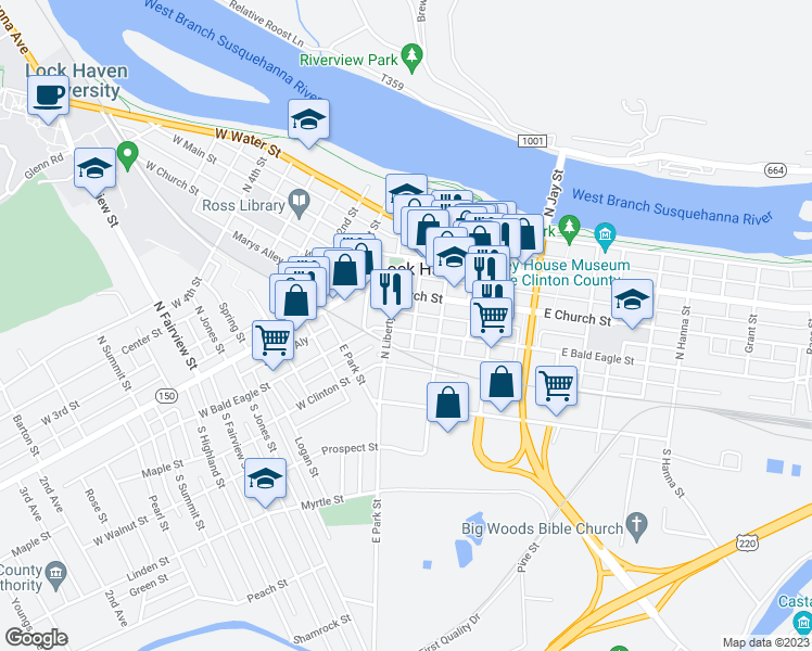 map of restaurants, bars, coffee shops, grocery stores, and more near 17 East Bald Eagle Street in Lock Haven