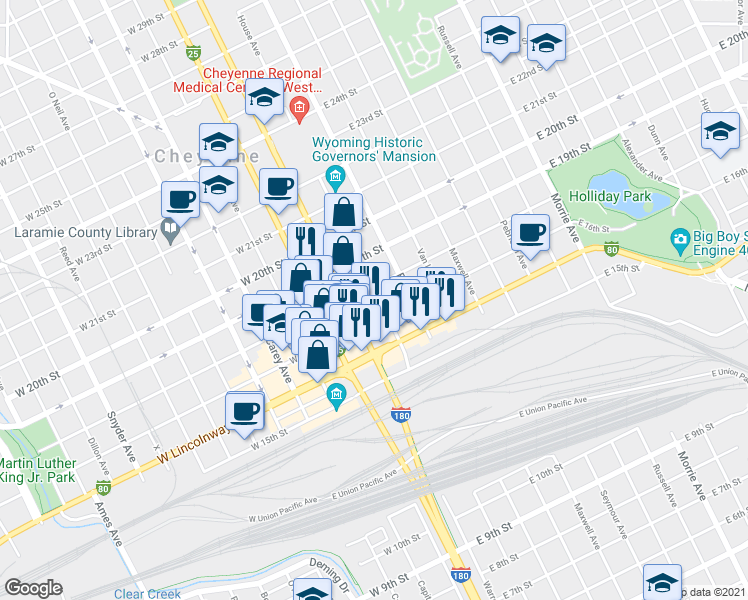 map of restaurants, bars, coffee shops, grocery stores, and more near 1712 House Avenue in Cheyenne