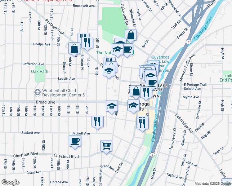 map of restaurants, bars, coffee shops, grocery stores, and more near 2106 4th Street in Cuyahoga Falls