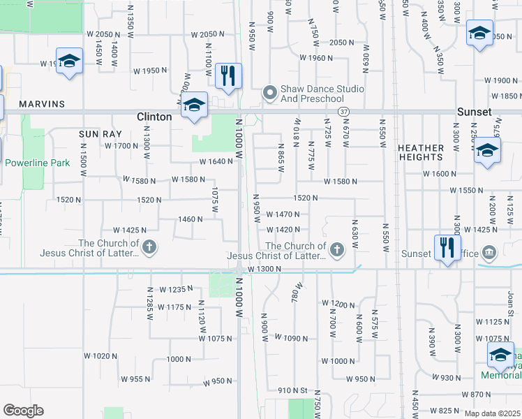 map of restaurants, bars, coffee shops, grocery stores, and more near 948 West 1470 North in Clinton