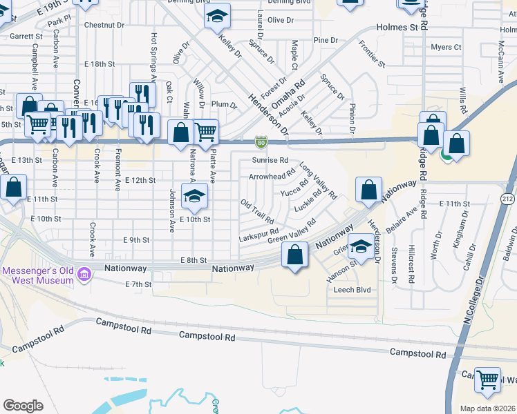 map of restaurants, bars, coffee shops, grocery stores, and more near 1107 Windmill Road in Cheyenne