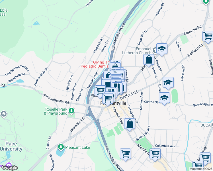 map of restaurants, bars, coffee shops, grocery stores, and more near 405 Manville Road in Pleasantville