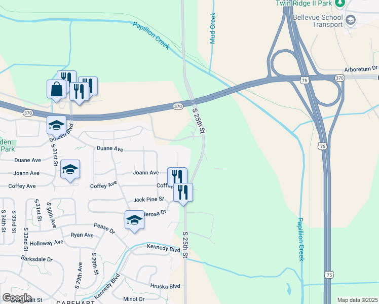 map of restaurants, bars, coffee shops, grocery stores, and more near 11706 South 25th Street in Bellevue