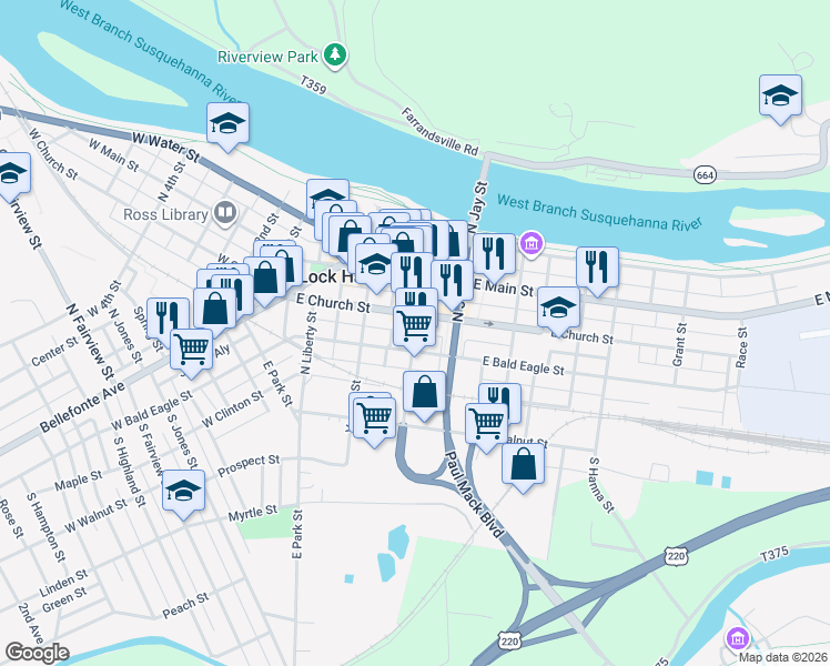 map of restaurants, bars, coffee shops, grocery stores, and more near Marys Alley in Lock Haven