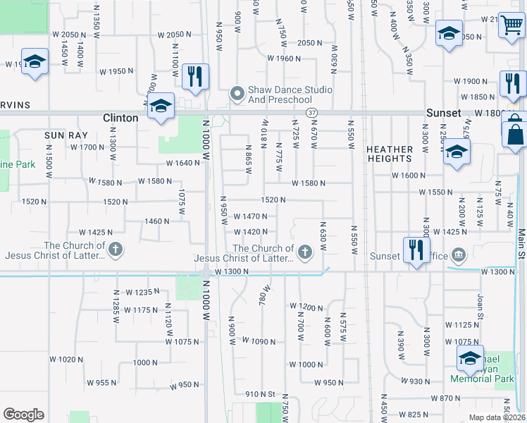 map of restaurants, bars, coffee shops, grocery stores, and more near 814 West 1470 North in Clinton