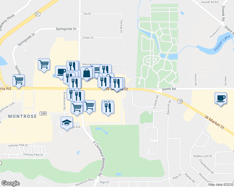 map of restaurants, bars, coffee shops, grocery stores, and more near 3750 West Market Street in Fairlawn