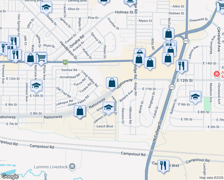 map of restaurants, bars, coffee shops, grocery stores, and more near 3192 Nationway in Cheyenne
