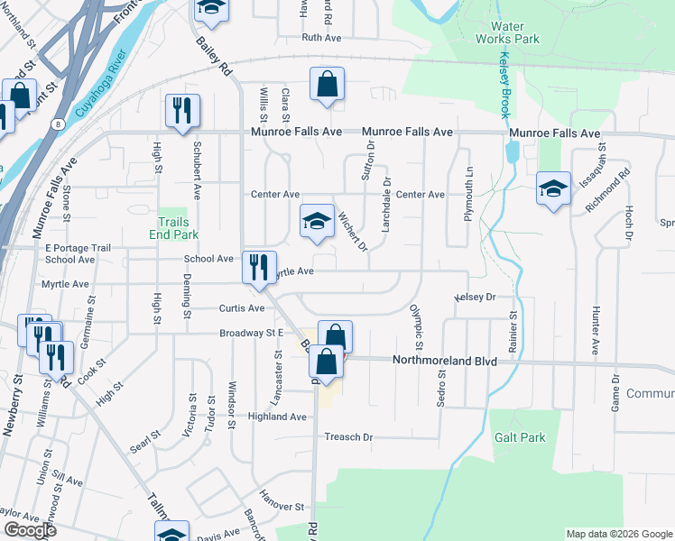 map of restaurants, bars, coffee shops, grocery stores, and more near 2610 Delmore Street in Cuyahoga Falls