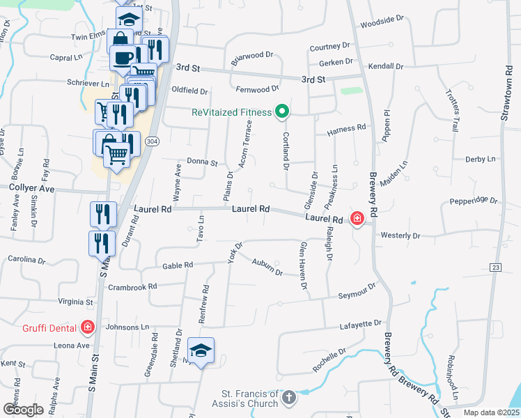 map of restaurants, bars, coffee shops, grocery stores, and more near 101 Laurel Road in New City