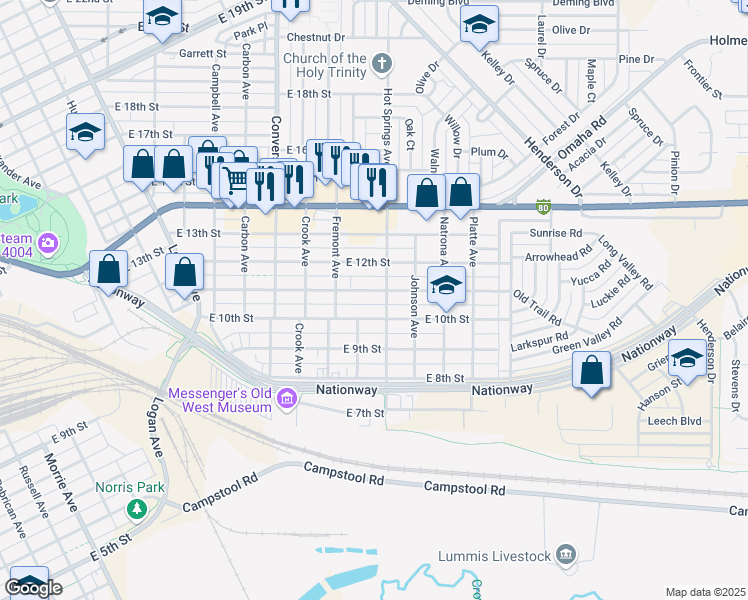 map of restaurants, bars, coffee shops, grocery stores, and more near 1110 Hot Springs Avenue in Cheyenne